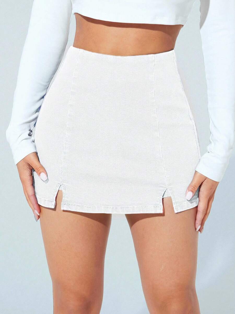 SHEIN PETITE 女士高腰纯色开摆休闲牛仔短裙 - 白色 - 查看 1