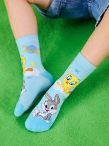LOONEY TUNES X SHEIN 3 双棉质柔软透气吸湿排汗儿童中筒袜，彩色可爱卡通崔弟图案中筒袜，加固脚趾和脚跟，经久耐用，男女通用，四季百搭，适合学校和户外，黄色和蓝色 - 彩色 - 查看 7
