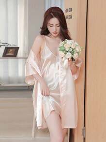 SHEIN 1 件新娘睡袍，春夏季婚礼睡衣，新娘新款冰丝浴袍，家居浴室装饰返校服 - 香檳色 - 查看 5