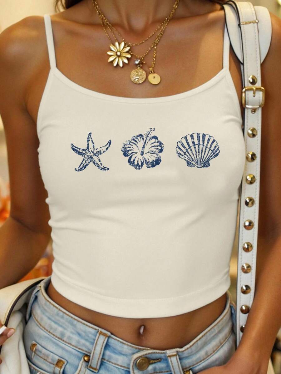 SHEIN EZwear 女士海星贝壳印花杏色休闲性感吊带背心，适合夏季返校季穿着