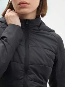 Gameset SHEIN Sport 女款黑色長袖前拉鍊連帽運動加厚外套，棉質健身夾克，適合秋季運動休閒穿搭 - 黑色 - 查看 5