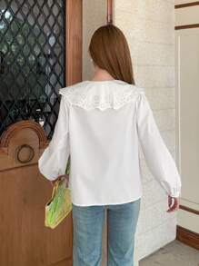 SHEIN 少女女孩白色梭织纯色拼接刺绣大翻领泡泡袖长袖学院风优雅复古休闲衬衫 返校季情人节童装春夏秋冬装小清新女童 - 白色 - 查看 8