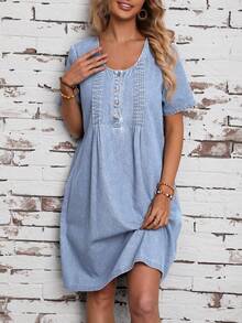 EMERY ROSE Women's Button Design Round Neck Short Sleeve Casual Denim Dress - Light Wash - View 8