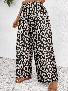 SHEIN Frenchy 大码女式黑色豹纹休闲简约裤，适合夏季 - 黑與白 - 查看 2