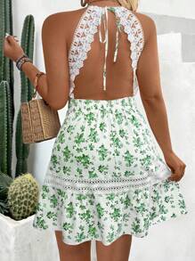 SHEIN Clasi 大码女式休闲花卉蕾丝镂空后背拼接迷你连衣裙 - 綠色 - 查看 1