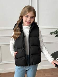 SHEIN 青少年女孩休闲舒适时尚合身短款连帽口袋绗缝黑色背心夹克 - 黑色 - 查看 7