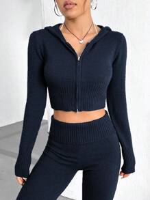 Flirla Women Casual Minimalist Solid Color Hooded Zip-Up Cropped Cardigan And Flared Knit Pants Set, Autumn/Winter Fall Cloth For Women - Navy Blue - View 3