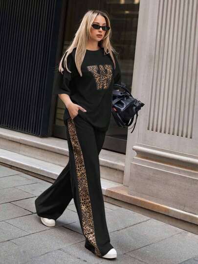 SHEIN PETITE Petite Size Woman Solid Color Leopard Patch Detailed Short Sleeve Drop Shoulder Top T-Shirt And Side Leopard Panel Detailed Wide Leg Sweatpants 2piece Outfits Co Ords Weekend Outfit Relax Comfy Leisure