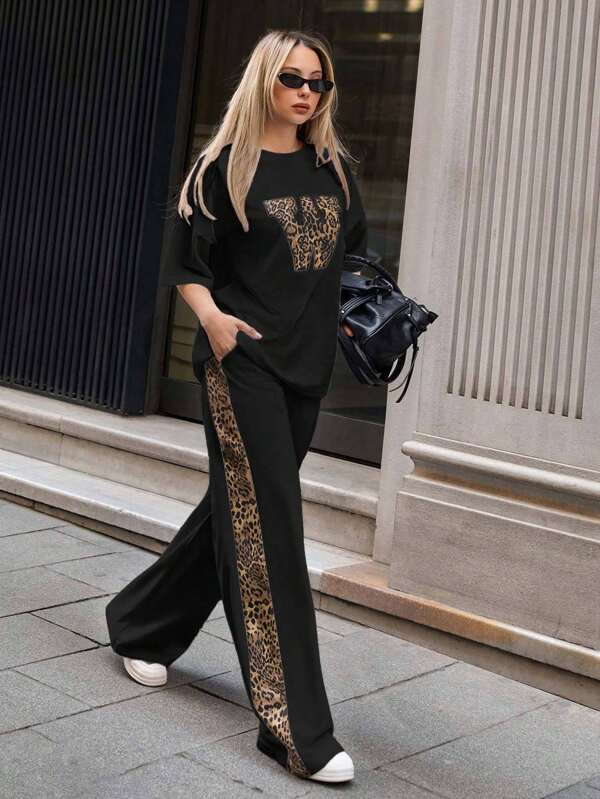 SHEIN PETITE Petite Size Woman Solid Color Leopard Patch Detailed Short Sleeve Drop Shoulder Top T-Shirt And Side Leopard Panel Detailed Wide Leg Sweatpants 2piece Outfits Co Ords Weekend Outfit Relax Comfy Leisure