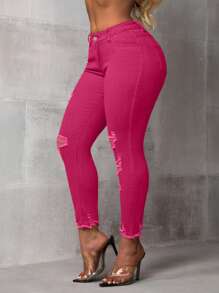 Slaydiva Plus Size Women Pockets Distressed Casual Versatile Skinny Jeans - Hot Pink - View 4