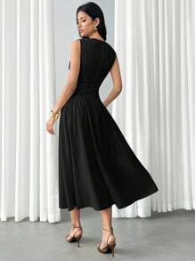 Modelyn 女士纯色优雅中长无袖连衣裙，夏季 - 黑色 - 查看 2