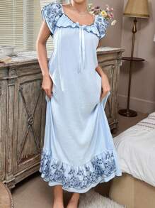 复古宫廷荷叶边蝴蝶结装饰，露肩花卉刺绣蕾丝拼布睡袍，女士睡衣裙，蕾丝刺绣睡袍，睡衣裙，夏季睡袍刺绣睡袍，Moo Moo 睡裙 - 藍色 - 查看 4
