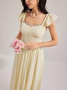 Modelyn Women's Floral Decor Sweetheart Neck Ruffle Detail Elegant A-Line Dress - Apricot - View 4