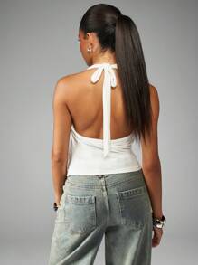 MISSGUIDED 围脖领口露背上衣短款露背背心夏季晚会俱乐部装无袖衬衫系带休闲时尚 - 杏色 - 查看 2