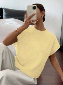 Siren Gaze 女士休闲法式无袖宽松短袖针织上衣，适合日常穿着，百搭 - 黃色 - 查看 4