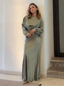 Jeta Ari 女士优雅杏色缎面不对称下摆缎面半身裙 - 薄荷綠 - 查看 5