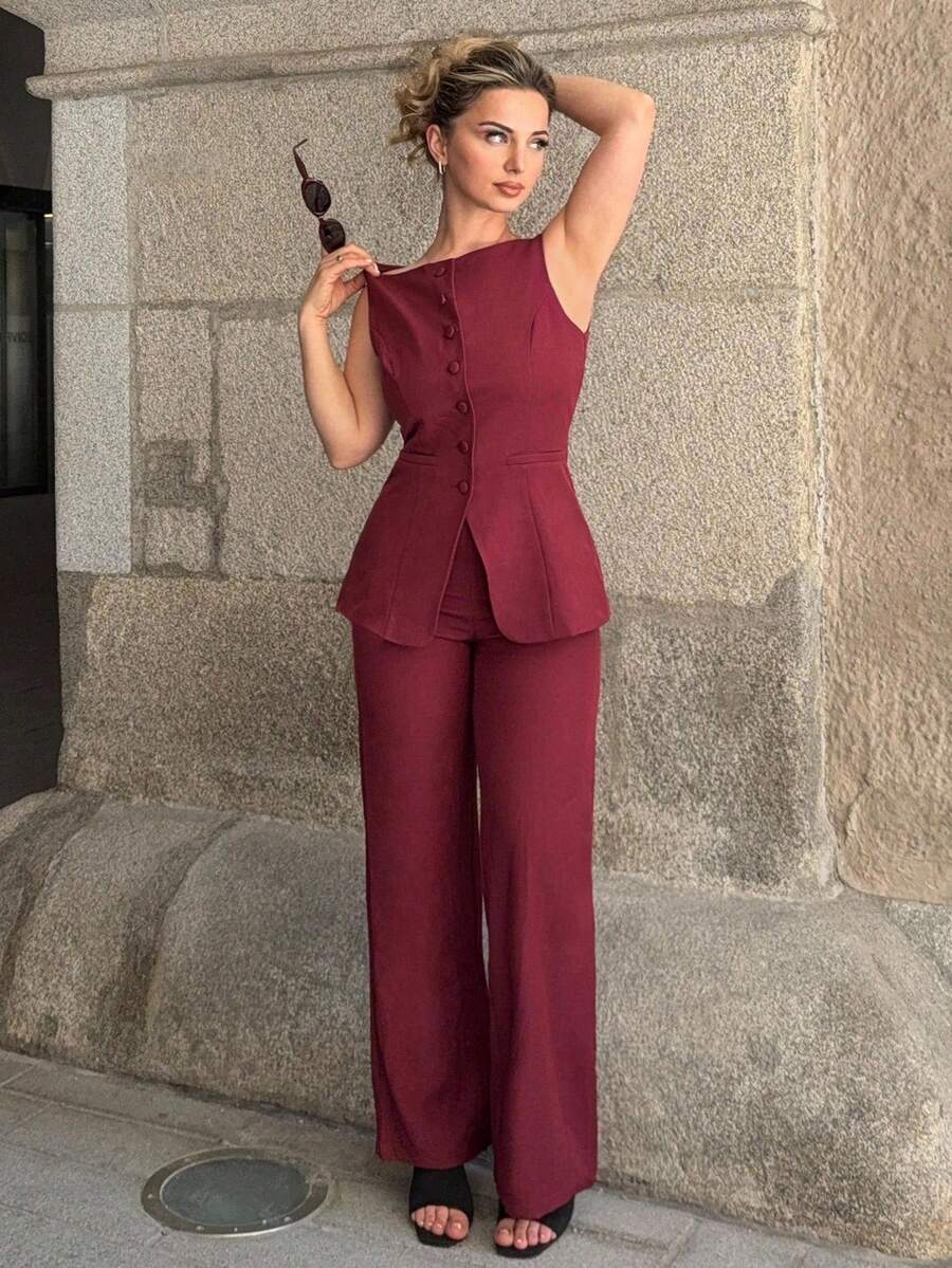 Jeta Ari 女士纯色圆领单排扣背心和裤子优雅通勤套装，夏季秋季女装女套装办公室装商务休闲女两件套服装秋季女装办公室装女套装女式西装套装 - 酒紅色 - 查看 1