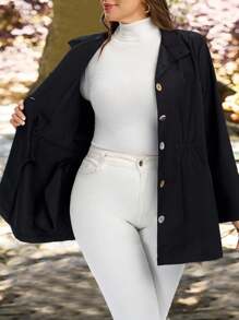 EMERY ROSE Plus Size Women Solid Color Single Breasted Casual Loose Lightweight Jacket, Button Up Jacket Winter,Back To School,Teacher,Country Autumn - Black - View 9