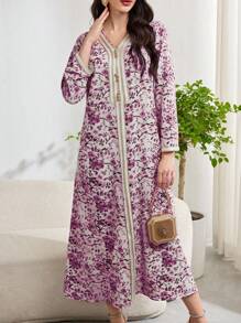 Al Najma 女式花卉印花拼接丝带长袖阿拉伯连衣裙 - 彩色 - 查看 7