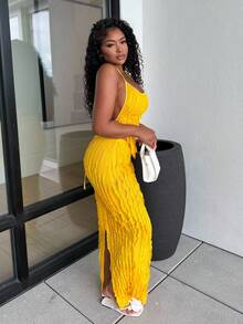 Alexandranx 女士性感纯色露背吊带上衣和加长裙两件套 - 橘色 - 查看 4