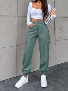 EURMUSE Women's Casual Cuffed Pocket Harem Jeans - Green - View 4