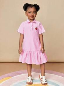 CutesyCutie Young Girl Fitted Woven Striped Strawberry Print Polo Collar Dress Pink Striped Dress Strawberry Dress Pink Girls Dress Pink Summer Dress Casual Dress Pink Dress Casual Girls Pink Collared Dress Back To School Girls Pink Dress Pink Dress, Young Girl Fall Clothes - Blue and White - View 4