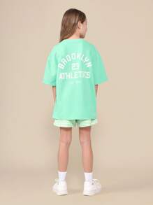 SUMWON Casual Brooklyn Summer Co-Ord Oversized T-Shirt Runner Short Set Youth Teen Fashion Sports Number Relaxed Streetwear Soft Vacation Outfit - Green - View 1