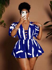 Maweii Plus Size V-Neck Puff Sleeve Printed Elegant Blouse - Blue - View 8