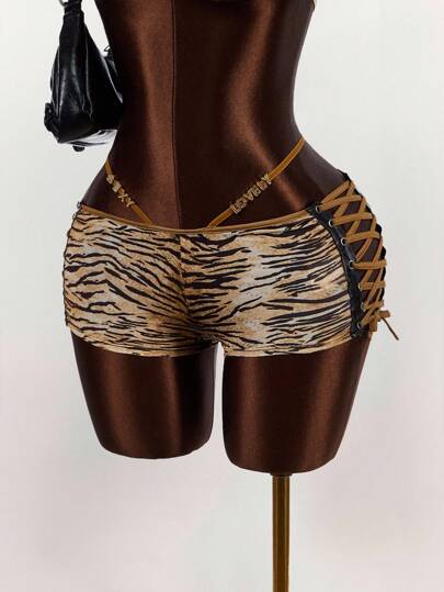 Amplova 女式性感复古动物印花侧系带二合一低腰迷你短裤，夏季