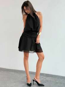 Aloruh Nuevo vestido mini dulce con diseño de lazo en espalda abierta, cuello halter y volante en el bajo, sin mangas y resistente a las arrugas, para primavera/verano - Negro - Ver 3