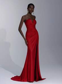 Elitara Women's Elegant Red Shiny V-Neck Gown,Luxurious Elastic Knit Bra Cup Boned Pleating High Slit Fish Tail Dress For Formal Events,Weddings & Galas - Burgundy - View 8