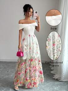 Elenzga Đầm dài lưới hoa trễ vai thanh lịch cho nữ, phong cách nghỉ dưỡng thường ngày, mặc hàng ngày - Nhiều màu - Xem 8