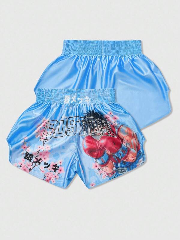 ROMWE MEN Street Life Pantaloni scurți casual pentru bărbați, cu imprimeu grafic, stil stradal, inspirați de textul japonez, cu flori Sakura