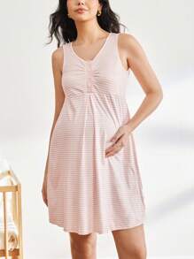 SHEIN BloomMama Set pigiama per donne incinte composto da vestaglia monocromatica e camicia da notte con stampa a righe