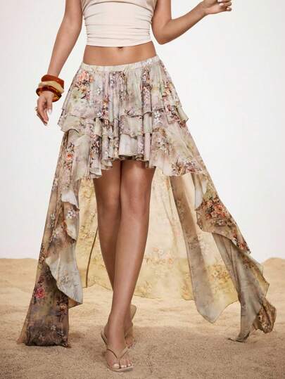 Shutterstock Glamance Falda asimétrica con estampado floral para mujer, estilo de vacaciones con falda floral de bajo alto, falda con volantes, falda bohemia, estilo Y2K de los 2000, atuendos de regreso a la escuela, atuendos sexys para citas nocturnas para mujeres