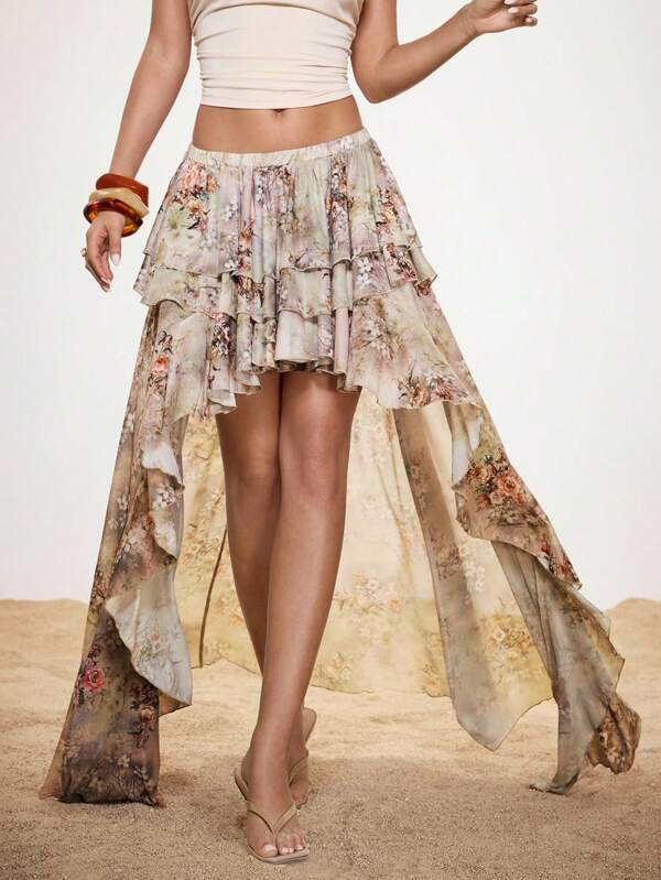 Shutterstock Glamance Women's Floral Print Asymmetric Hem Fashionable Vacation Style Floral High Low Layered Skirt Ruffle Skirt Bohemian Skirt Y2K 2000s Back To School Club Sexy Date Night