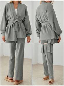 SHEIN Cottnline Cotton Drop Shoulder Belted Coat & Pants - Light Grey - View 8