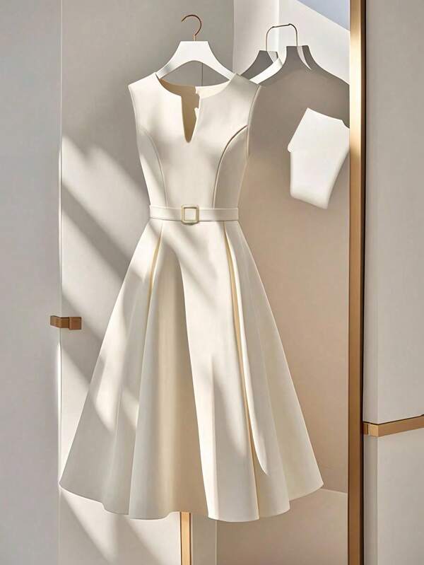Lalippa Elegant Metal Buckle Waist Cinched Waist Casual Bodycon Dress For Women