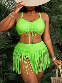 Slaydiva 大码女式度假露背流苏比基尼套装，2 件套 - 綠色 - 查看 1