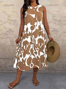 EMERY ROSE Plus Size Allover Allover Print Sleeveless Round Neck Casual Summer Dress - Khaki - View 6