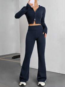 Flirla Women Casual Minimalist Solid Color Hooded Zip-Up Cropped Cardigan And Flared Knit Pants Set, Autumn/Winter Fall Cloth For Women - Navy Blue - View 6