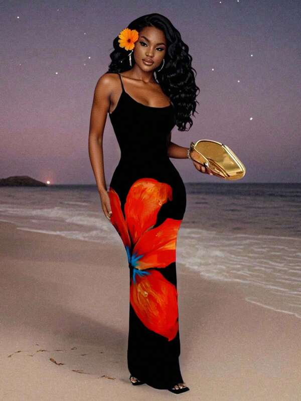 Slaydiva Rochie casual de vară pentru femei, mărime plus, cu imprimeu floral larg, stil vacanță