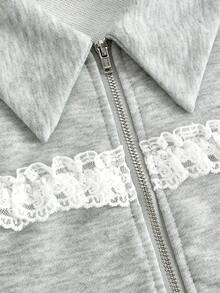 Girlism Sudadera corta con cuello mao, manga larga, parches de encaje para niña preadolescente, vuelta al cole - Gris - Ver 3