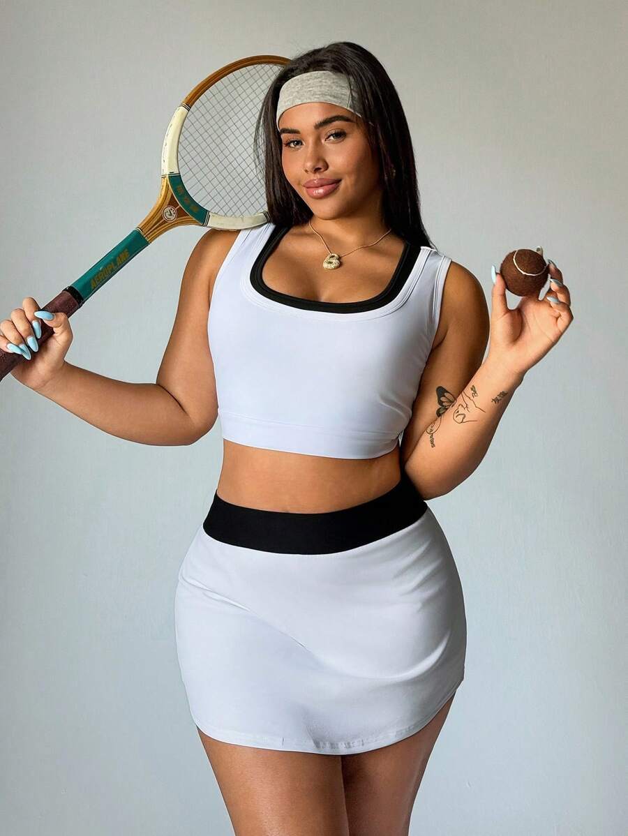 Gameset SHEIN Sport 女士加大码两件套无袖撞色腰线运动休闲网球服套装,春夏健身女士套装 - 白色 - 查看 1