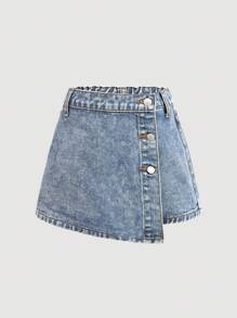 SHEIN 青春期女孩夏季 Y2K 休闲波西米亚风不对称纽扣蓝色牛仔短裙，适合女孩夏季度假和日常街头服饰，女孩返校服装，青春期女孩牛仔裙，青春期女孩牛仔短裤，Y2K 牛仔裙 - 淺色水洗藍 - 查看 5