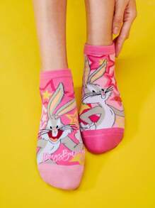 LOONEY TUNES X SHEIN 3 双柔软透气吸湿排汗休闲女士踝袜，带崔弟和路跑者图案，时尚可爱的粉色和蓝色短袜，加固脚趾和脚跟，经久耐用，四季百搭 - 彩色 - 查看 6