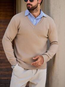男士V领纯色长袖休闲套头毛衣，秋冬款 - 棕色 - 查看 6