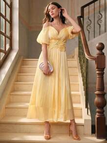 Anewsta Vestido mini ajustado de mujer con tirantes de espagueti, envolvente cruzado y cintura fruncida de unicolor - Amarillo - Ver 4