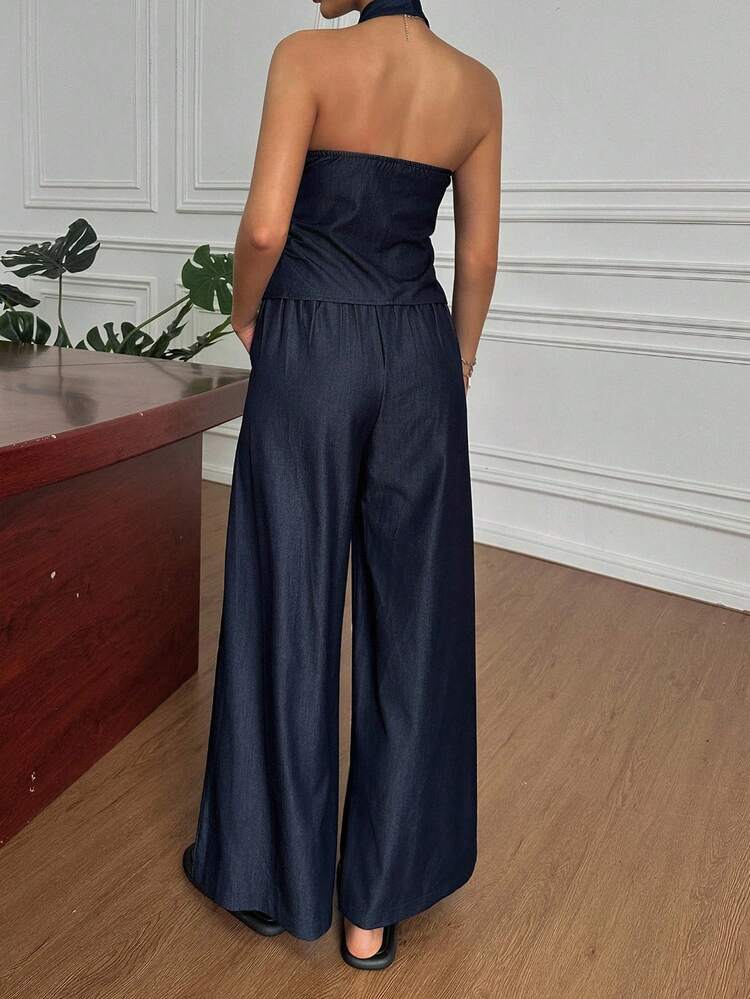 Casual Solid Color Halter Top And Wide Leg Pants 2pcs Set For Women