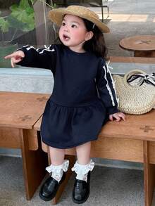 DAZY Baby Girl Round Neck Solid Color Spring & Autumn Fleece Stripe Bow Decor Mid-Length Dress - Blue - View 6